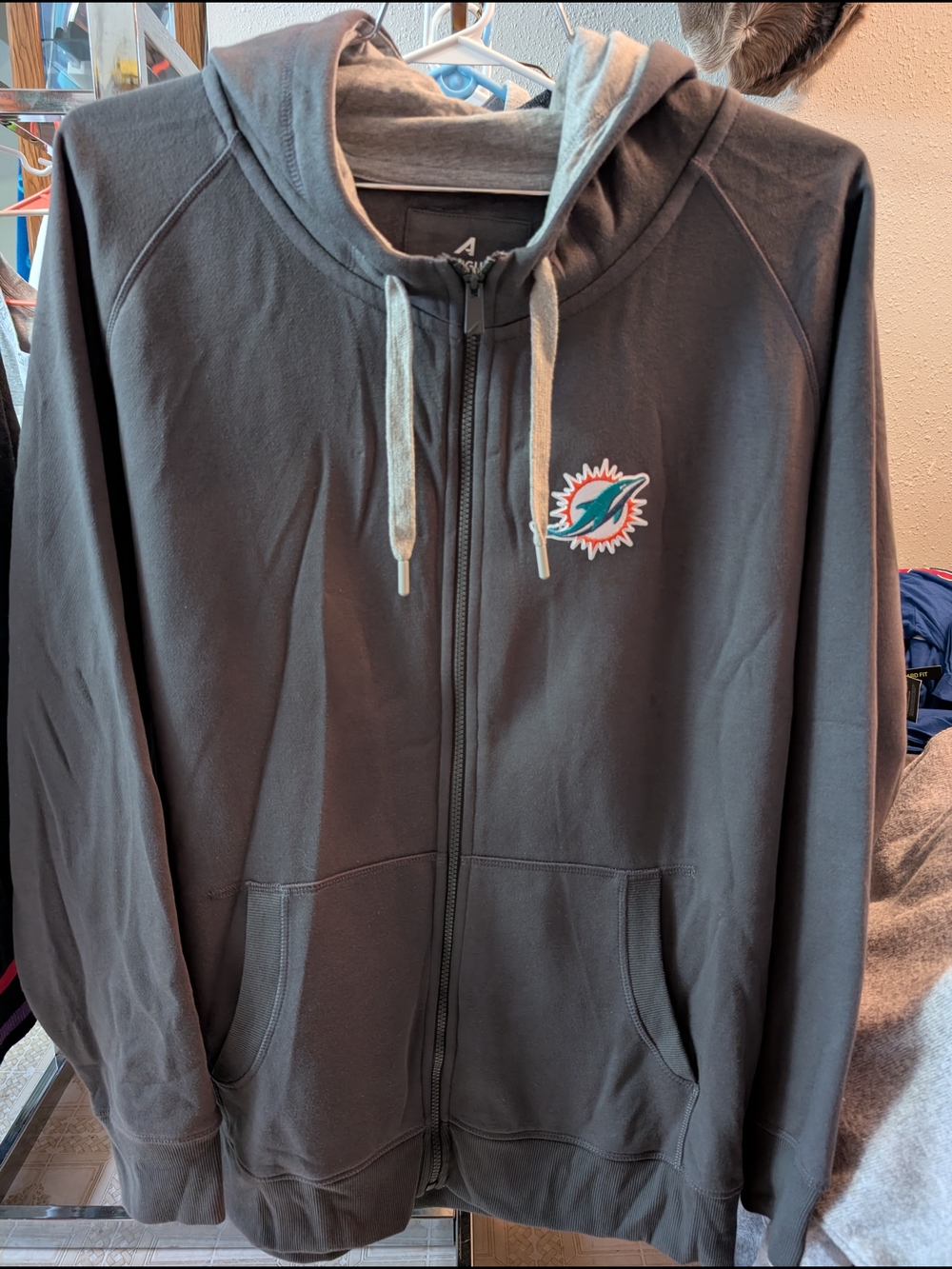 Miami Dolphins Antigua Men's Charcoal Zip-Up Hoodie with Light Gray Hood